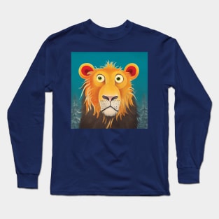 Quirky Surprised Lion Illustration on a Turquoise Background. Great kids room decoration Long Sleeve T-Shirt